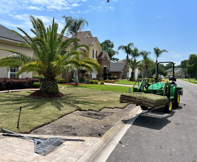 Sod installation company laying fresh sod on a Green Cove Springs, FL lawn